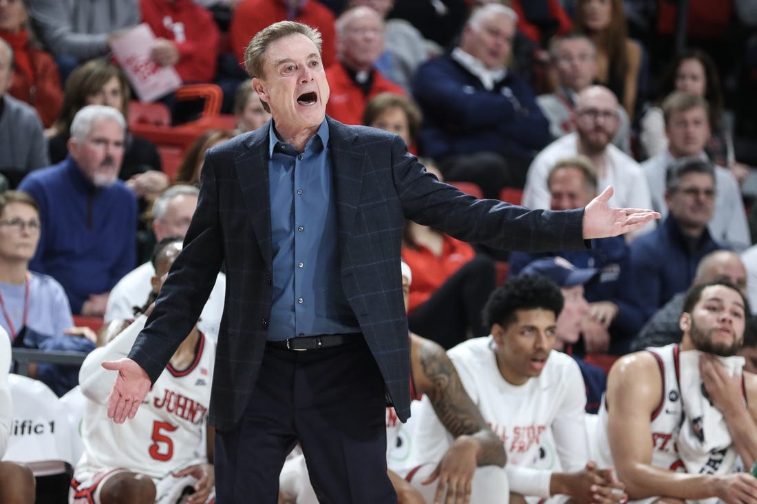 Dec 20, 2023; Queens, New York, USA; St. John's Red Storm head coach Rick Pitino yells out instructions in the first half against the Xavier Musketeers at Carnesecca Arena. Mandatory Credit: Wendell Cruz-USA TODAY Sports