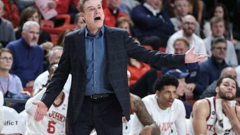 Dec 20, 2023; Queens, New York, USA; St. John's Red Storm head coach Rick Pitino yells out instructions in the first half against the Xavier Musketeers at Carnesecca Arena. Mandatory Credit: Wendell Cruz-USA TODAY Sports