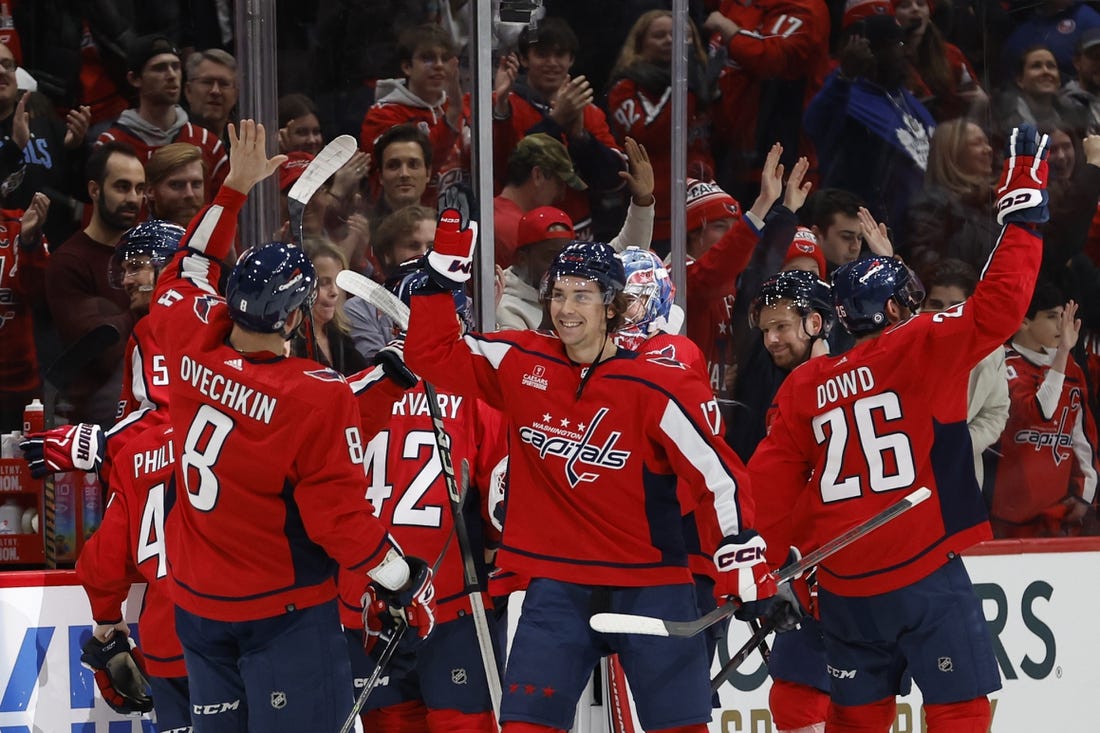 Dec 20, 2023; Washington, District of Columbia, USA; Washington Capitals center Dylan Strome (17) celebrates with Capitals left wing Alex Ovechkin (8) after scoring the game-winning goal on New York Islanders goaltender Semyon Varlamov (40) in overtime at Capital One Arena. Mandatory Credit: Geoff Burke-USA TODAY Sports