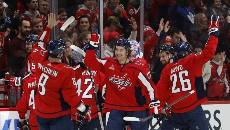 Dec 20, 2023; Washington, District of Columbia, USA; Washington Capitals center Dylan Strome (17) celebrates with Capitals left wing Alex Ovechkin (8) after scoring the game-winning goal on New York Islanders goaltender Semyon Varlamov (40) in overtime at Capital One Arena. Mandatory Credit: Geoff Burke-USA TODAY Sports