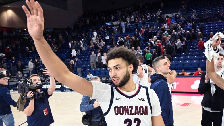 Dec 20, 2023; Spokane, Washington, USA; Gonzaga Bulldogs forward Anton Watson (22) waves to the crowd after a game against the Jackson State Tigers at McCarthey Athletic Center. Gonzaga won 100-76. Mandatory Credit: James Snook-USA TODAY Sports