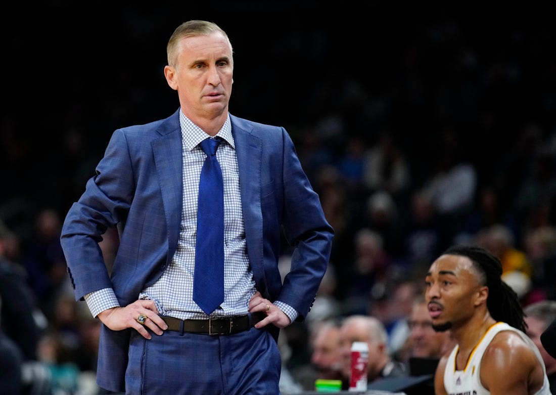 ASU head coach Bobby Hurley reacts at an official after a Northwestern three-pointer during the Jerry Colangelo Hall of Fame Series at the Footprint Center in Phoenix on Dec. 20, 2023.