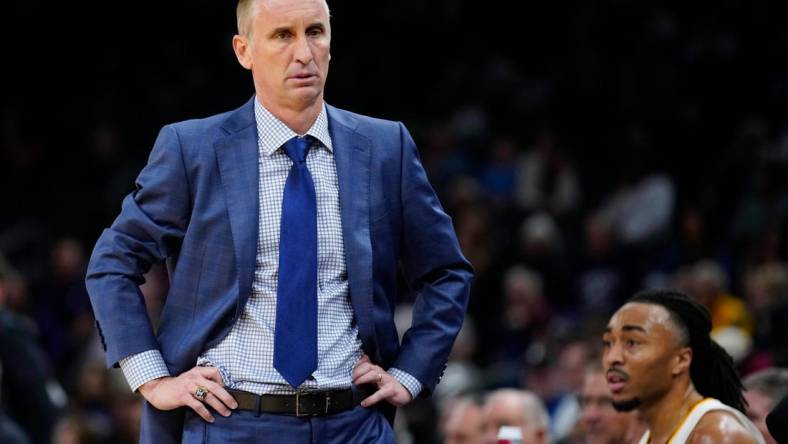 ASU head coach Bobby Hurley reacts at an official after a Northwestern three-pointer during the Jerry Colangelo Hall of Fame Series at the Footprint Center in Phoenix on Dec. 20, 2023.