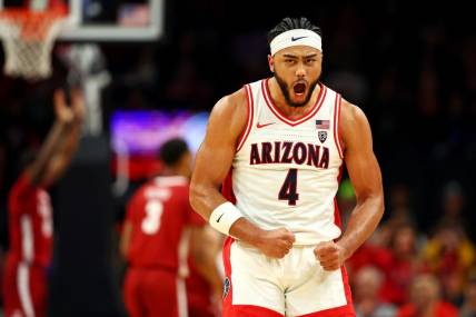 Dec 20, 2023; Phoenix, Arizona, USA; Arizona Wildcats guard Kylan Boswell (4) celebrates after a play during the first half of the game against the Alabama Crimson Tide in the Hall of Fame Series at Footprint Center. Mandatory Credit: Mark J. Rebilas-USA TODAY Sports