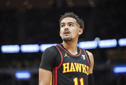 Dec 20, 2023; Houston, Texas, USA; Atlanta Hawks guard Trae Young (11) looks up during the second quarter against the Houston Rockets at Toyota Center. Mandatory Credit: Troy Taormina-USA TODAY Sports