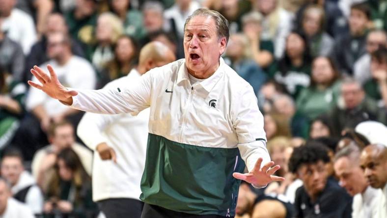 Michigan State's head coach Tom Izzo communicates with payers during the first half in the game against Stony Brook on Thursday, Dec. 21, 2023, at the Breslin Center in East Lansing.