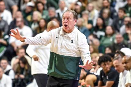Michigan State's head coach Tom Izzo communicates with payers during the first half in the game against Stony Brook on Thursday, Dec. 21, 2023, at the Breslin Center in East Lansing.
