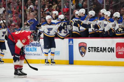 Dec 21, 2023; Sunrise, Florida, USA; St. Louis Blues left wing Pavel Buchnevich (89) celebrates his goal against the Florida Panthers with teamates on the bench during the second period at Amerant Bank Arena. Mandatory Credit: Jasen Vinlove-USA TODAY Sports