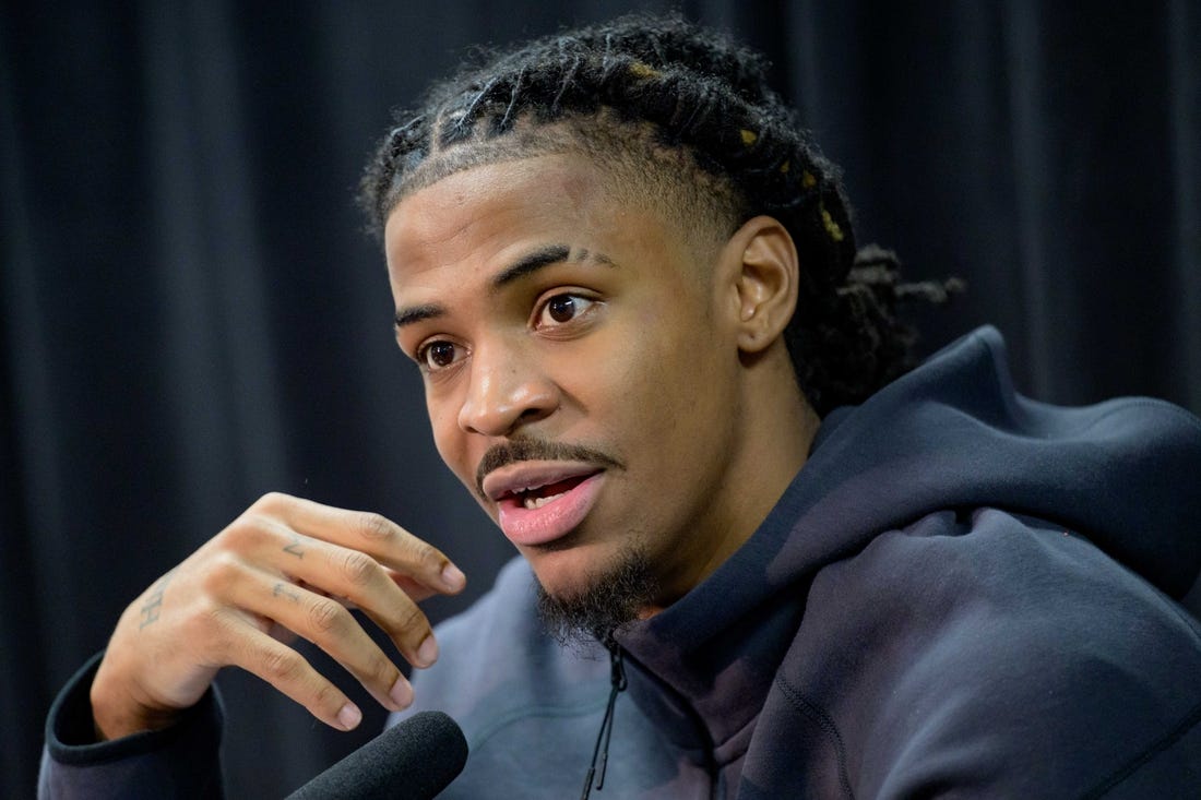 Dec 19, 2023; New Orleans, Louisiana, USA; Memphis Grizzlies guard Ja Morant attends a post-game press conference after defeating the New Orleans Pelicans at the Smoothie King Center. Mandatory Credit: Matthew Hinton-USA TODAY Sports