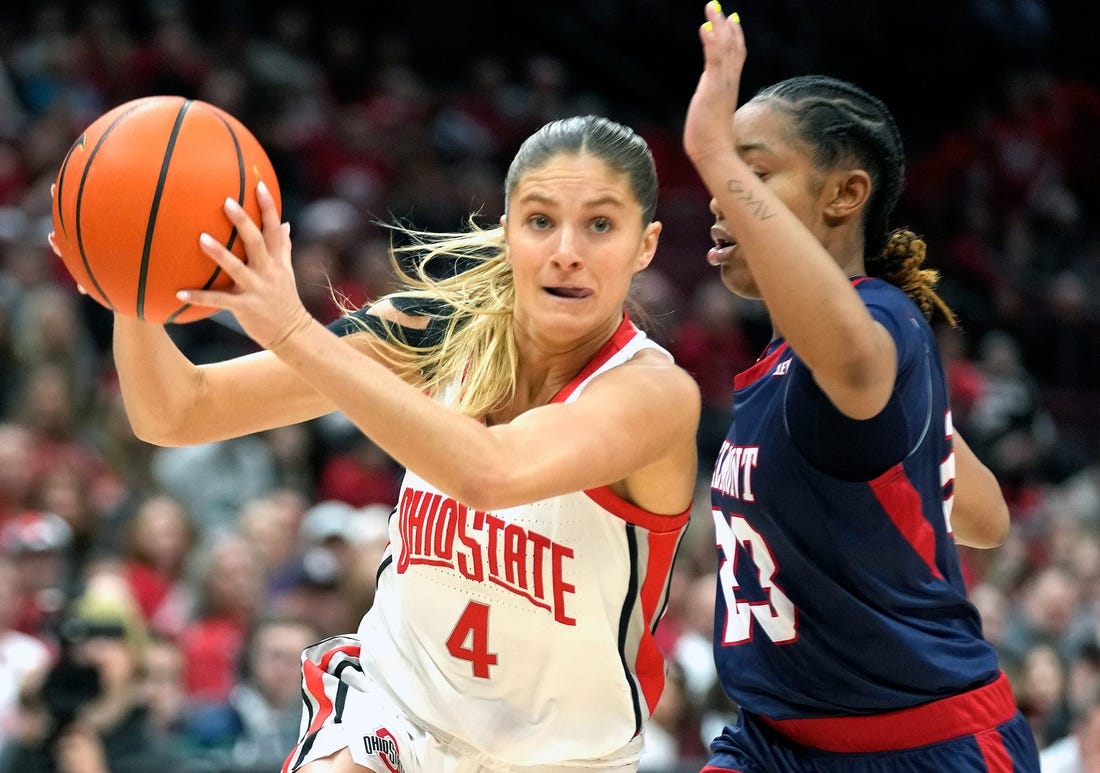 Dec 22, 2023; Columbus, OH, USA; Ohio State Buckeyes guard Jacy Sheldon (4) works around Belmont Bruins guard Jailyn Banks (23) in the first half of their NCAA womens basketball game at Value City Arena.