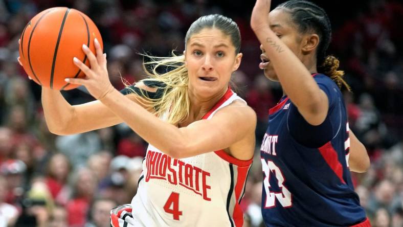 Dec 22, 2023; Columbus, OH, USA; Ohio State Buckeyes guard Jacy Sheldon (4) works around Belmont Bruins guard Jailyn Banks (23) in the first half of their NCAA womens basketball game at Value City Arena.