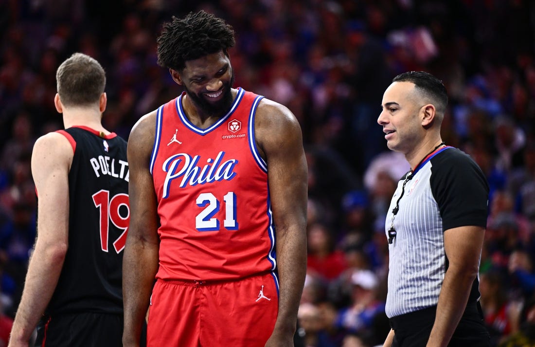 Dec 22, 2023; Philadelphia, Pennsylvania, USA; Philadelphia 76ers center Joel Embiid (21) reacts against the Toronto Raptors in the third quarter at Wells Fargo Center. Mandatory Credit: Kyle Ross-USA TODAY Sports