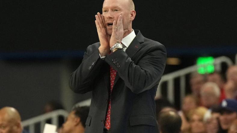 Dec 22, 2023; Los Angeles, California, USA; Maryland Terrapins head coach Kevin Willard reacts against the UCLA Bruins in the first half at Pauley Pavilion presented by Wescom. Mandatory Credit: Kirby Lee-USA TODAY Sports