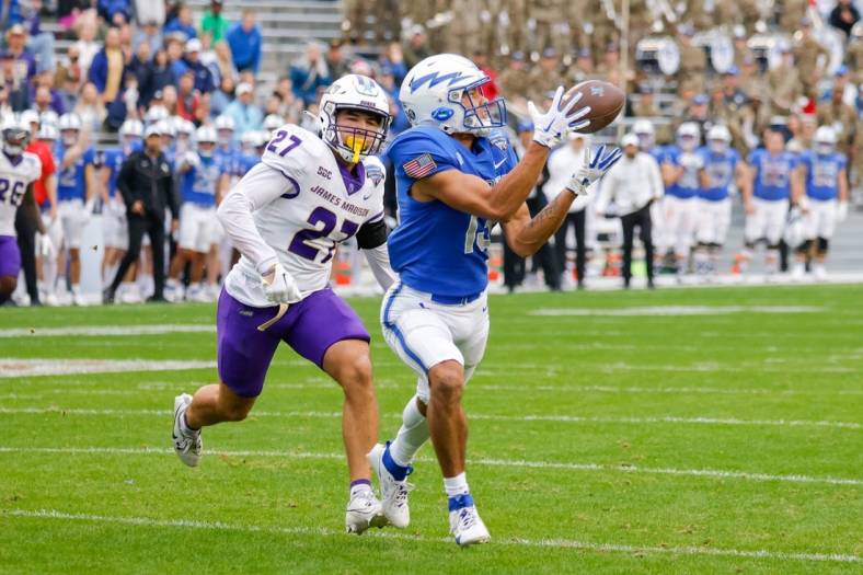 Dec 23, 2023; Fort Worth, TX, USA;  Air Force Falcons wide receiver Jared Roznos (13) catches a touchdown reception late in the second quarter with James Madison Dukes safety Jacob Thomas (27) defending at Amon G. Carter Stadium. Mandatory Credit: Andrew Dieb-USA TODAY Sports