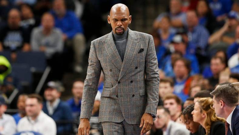 Vanderbilt's head coach Jerry Stackhouse looks down while watching his team on offense during the game between Vanderbilt University and University of Memphis at FedExForum in Memphis, Tenn., on Saturday, December 23, 2023.