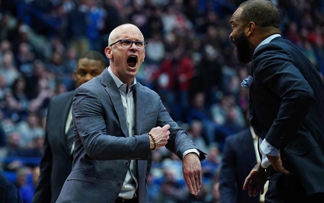 Dec 23, 2023; Hartford, Connecticut, USA; Connecticut Huskies head coach Dan Hurley reacts after a call as they take on the St. John's Red Storm at XL Center. Mandatory Credit: David Butler II-USA TODAY Sports