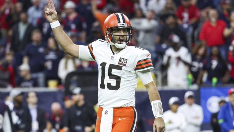 Dec 24, 2023; Houston, Texas, USA; Cleveland Browns quarterback Joe Flacco (15) reacts after a touchdown during the first quarter against the Houston Texans at NRG Stadium. Mandatory Credit: Troy Taormina-USA TODAY Sports