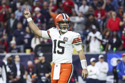 Dec 24, 2023; Houston, Texas, USA; Cleveland Browns quarterback Joe Flacco (15) reacts after a touchdown during the first quarter against the Houston Texans at NRG Stadium. Mandatory Credit: Troy Taormina-USA TODAY Sports