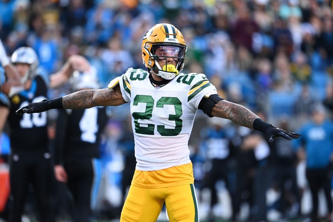 Dec 24, 2023; Charlotte, North Carolina, USA; Green Bay Packers cornerback Jaire Alexander (23) reacts in the fourth quarter at Bank of America Stadium. Mandatory Credit: Bob Donnan-USA TODAY Sports