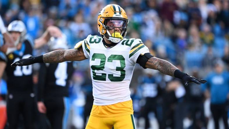 Dec 24, 2023; Charlotte, North Carolina, USA; Green Bay Packers cornerback Jaire Alexander (23) reacts in the fourth quarter at Bank of America Stadium. Mandatory Credit: Bob Donnan-USA TODAY Sports