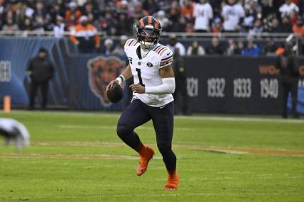 Dec 24, 2023; Chicago, Illinois, USA;  Chicago Bears quarterback Justin Fields (1) looks to pass the ball against the Arizona Cardinals during the first half at Soldier Field. Mandatory Credit: Matt Marton-USA TODAY Sports