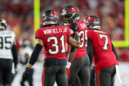 Dec 24, 2023; Tampa, Florida, USA;  Tampa Bay Buccaneers safety Antoine Winfield Jr. (31) and cornerback Jamel Dean (35) react to a play against the Jacksonville Jaguars in the third quarter at Raymond James Stadium. Mandatory Credit: Nathan Ray Seebeck-USA TODAY Sports