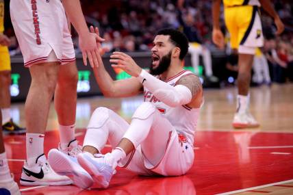 Dec 26, 2023; Houston, Texas, USA; Houston Rockets guard Fred VanVleet (5) reacts after a foul call against the Indiana Pacers during the fourth quarter at Toyota Center. Mandatory Credit: Erik Williams-USA TODAY Sports
