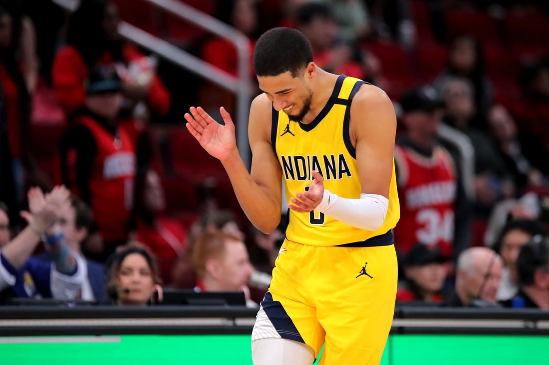 Dec 26, 2023; Houston, Texas, USA; Indiana Pacers guard Tyrese Haliburton (0) reacts in the final seconds against the Houston Rockets during the fourth quarter at Toyota Center. Mandatory Credit: Erik Williams-USA TODAY Sports