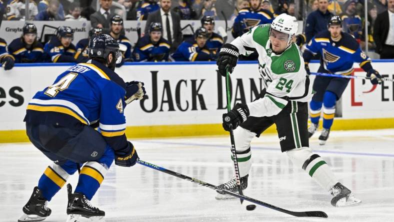 Dec 27, 2023; St. Louis, Missouri, USA;  Dallas Stars center Roope Hintz (24) shoots against the St. Louis Blues during the third period at Enterprise Center. Mandatory Credit: Jeff Curry-USA TODAY Sports