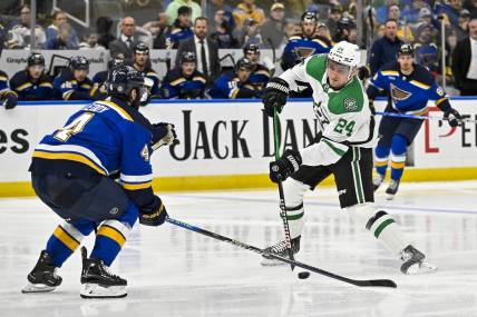 Dec 27, 2023; St. Louis, Missouri, USA;  Dallas Stars center Roope Hintz (24) shoots against the St. Louis Blues during the third period at Enterprise Center. Mandatory Credit: Jeff Curry-USA TODAY Sports