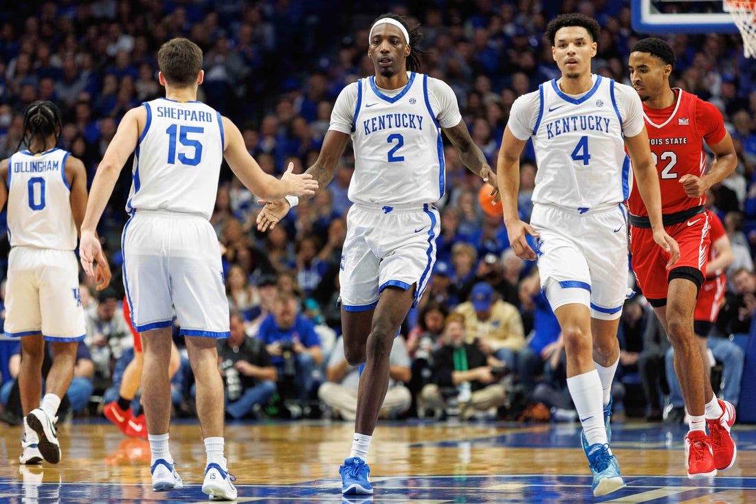 Dec 29, 2023; Lexington, Kentucky, USA; Kentucky Wildcats forward Aaron Bradshaw (2) celebrates with guard Reed Sheppard (15) during the first half against the Illinois State Redbirds at Rupp Arena at Central Bank Center. Mandatory Credit: Jordan Prather-USA TODAY Sports