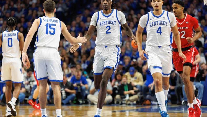 Dec 29, 2023; Lexington, Kentucky, USA; Kentucky Wildcats forward Aaron Bradshaw (2) celebrates with guard Reed Sheppard (15) during the first half against the Illinois State Redbirds at Rupp Arena at Central Bank Center. Mandatory Credit: Jordan Prather-USA TODAY Sports