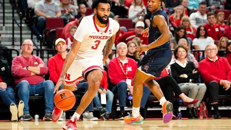 Dec 29, 2023; Lincoln, Nebraska, USA; Nebraska Cornhuskers guard Brice Williams (3) drives to the hoop against the South Carolina State Bulldogs during the first half at Pinnacle Bank Arena. Mandatory Credit: Dylan Widger-USA TODAY Sports