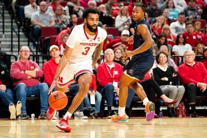 Dec 29, 2023; Lincoln, Nebraska, USA; Nebraska Cornhuskers guard Brice Williams (3) drives to the hoop against the South Carolina State Bulldogs during the first half at Pinnacle Bank Arena. Mandatory Credit: Dylan Widger-USA TODAY Sports