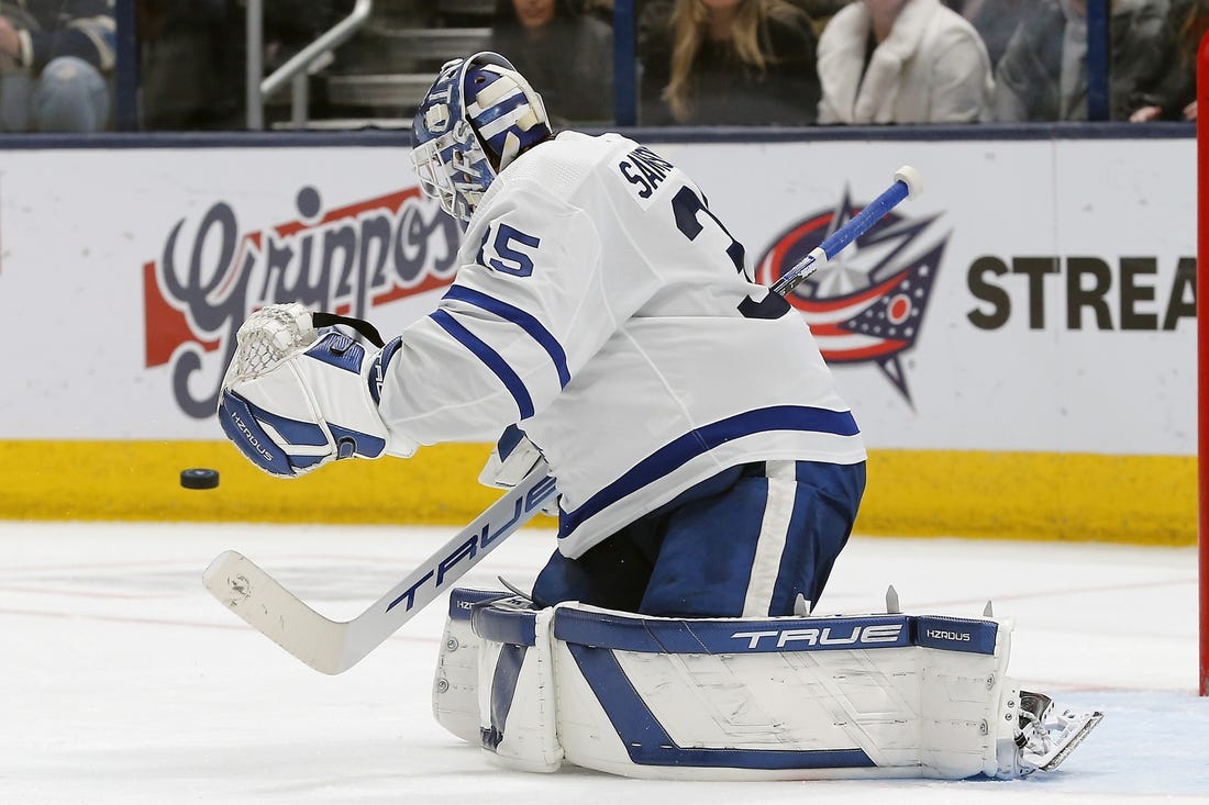 Dec 29, 2023; Columbus, Ohio, USA; Toronto Maple Leafs goalie Ilya Samsonov (35) makes a save against the Columbus Blue Jackets during the third period at Nationwide Arena. Mandatory Credit: Russell LaBounty-USA TODAY Sports