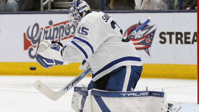 Dec 29, 2023; Columbus, Ohio, USA; Toronto Maple Leafs goalie Ilya Samsonov (35) makes a save against the Columbus Blue Jackets during the third period at Nationwide Arena. Mandatory Credit: Russell LaBounty-USA TODAY Sports