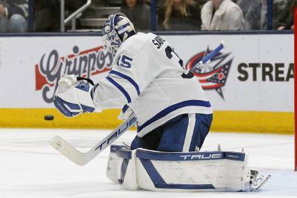 Dec 29, 2023; Columbus, Ohio, USA; Toronto Maple Leafs goalie Ilya Samsonov (35) makes a save against the Columbus Blue Jackets during the third period at Nationwide Arena. Mandatory Credit: Russell LaBounty-USA TODAY Sports