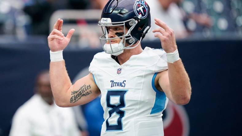 Tennessee Titans quarterback Will Levis (8) warms up before a game against the Houston Texans at NRG Stadium in Houston, Texas., Sunday, Dec. 31, 2023.