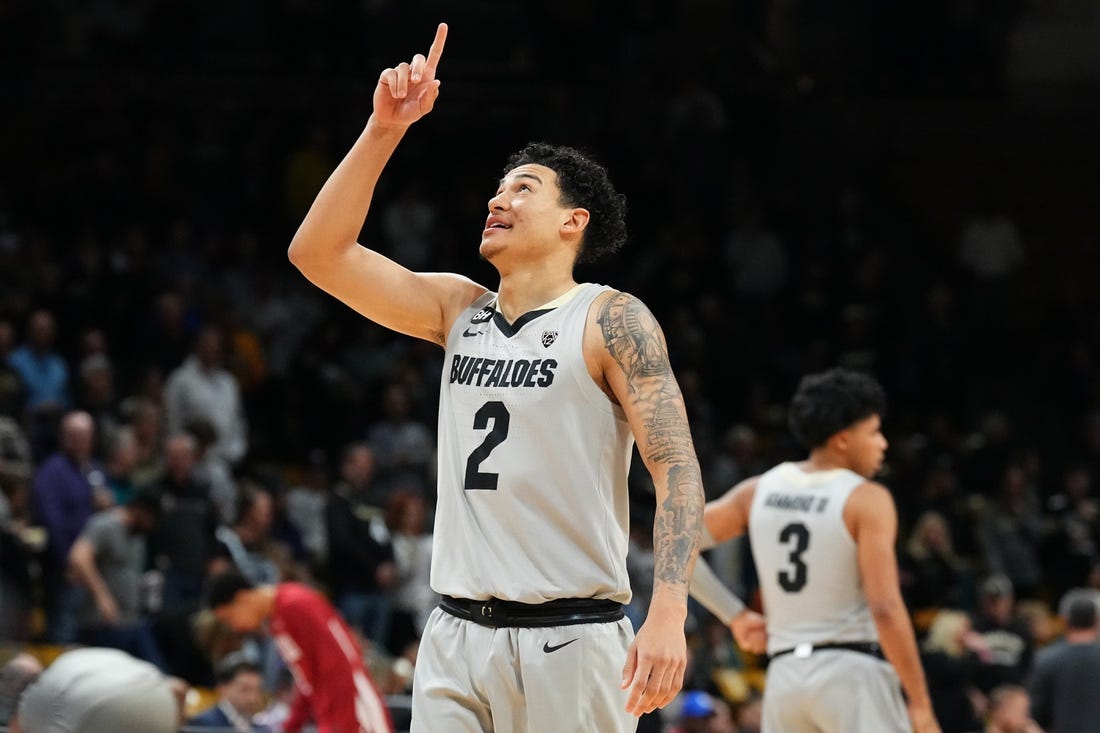 Dec 31, 2023; Boulder, Colorado, USA; Colorado Buffaloes guard KJ Simpson (2) reacts in the first half against the Washington State Cougars at the CU Events Center. Mandatory Credit: Ron Chenoy-USA TODAY Sports