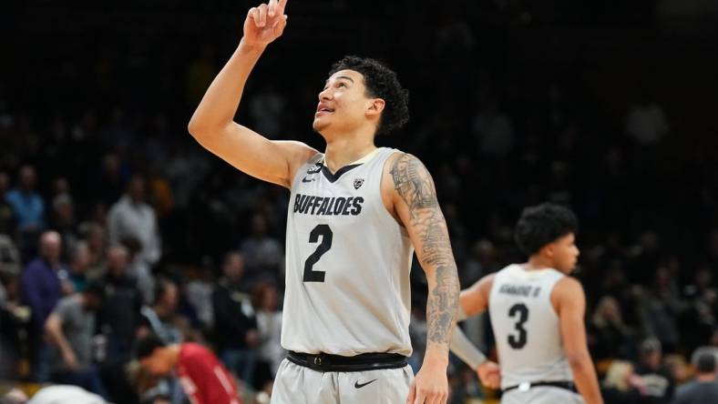 Dec 31, 2023; Boulder, Colorado, USA; Colorado Buffaloes guard KJ Simpson (2) reacts in the first half against the Washington State Cougars at the CU Events Center. Mandatory Credit: Ron Chenoy-USA TODAY Sports