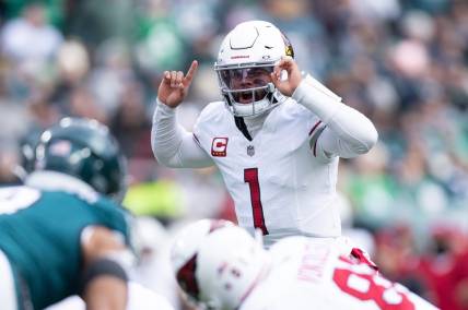 Dec 31, 2023; Philadelphia, Pennsylvania, USA; Arizona Cardinals quarterback Kyler Murray (1) calls a play at the line of scrimmage against the Philadelphia Eagles during the third quarter at Lincoln Financial Field. Mandatory Credit: Bill Streicher-USA TODAY Sports