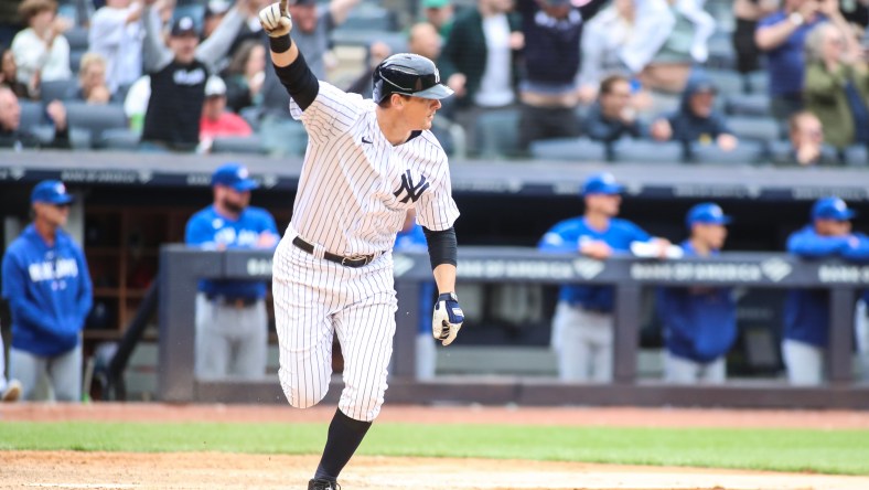 DJ LeMahieu celebrates a game-winning hit.