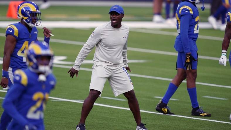 Aug 22, 2020; Inglewood California, USA; Los Angeles Rams safety coach Ejiro Evero  during a scrimmage at SoFi Stadium. Mandatory Credit: Kirby Lee-USA TODAY Sports