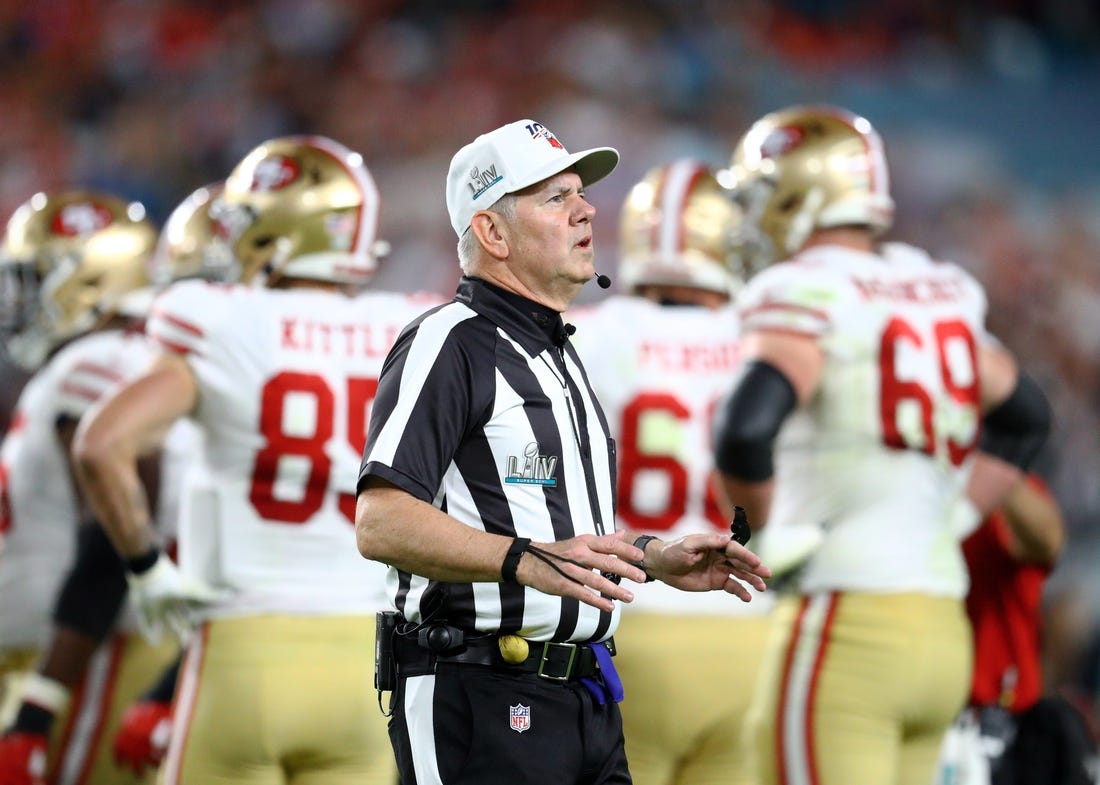 Feb 2, 2020; Miami Gardens, Florida, USA; NFL referee Bill Vinovich during Super Bowl LIV between the San Francisco 49ers against the Kansas City Chiefs at Hard Rock Stadium. Mandatory Credit: Mark J. Rebilas-USA TODAY Sports