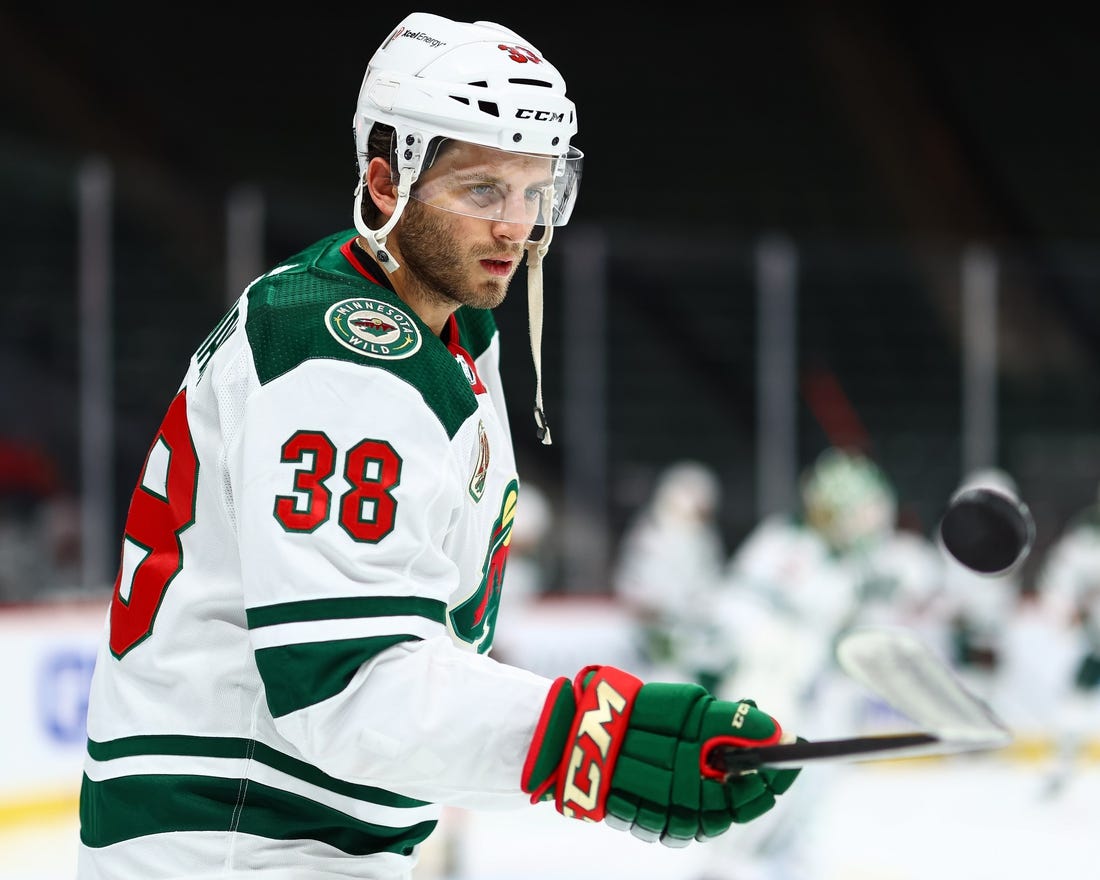 Jan 30, 2021; Saint Paul, Minnesota, USA; Minnesota Wild left wing Ryan Hartman (38). Mandatory Credit: Harrison Barden-USA TODAY Sports