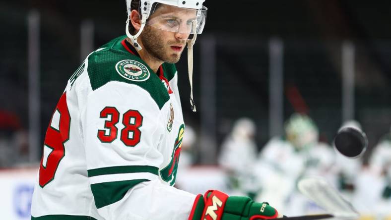 Jan 30, 2021; Saint Paul, Minnesota, USA; Minnesota Wild left wing Ryan Hartman (38). Mandatory Credit: Harrison Barden-USA TODAY Sports