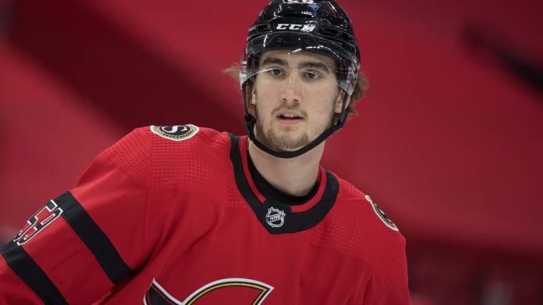 Mar 25, 2021; Ottawa, Ontario, CAN; Ottawa Senators left wing Alex Formenton (59) skates during warmup prior to game against the Toronto Maple Leafs at the Canadian Tire Centre. Mandatory Credit: Marc DesRosiers-USA TODAY Sports