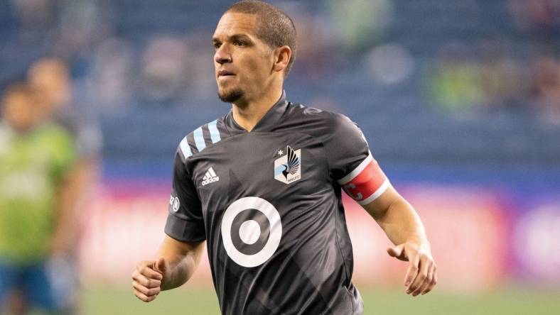 April 16, 2021; Seattle, Washington, USA; Minnesota United FC midfielder Osvaldo Alonso (6) during the second half against the Seattle Sounders FC at Lumen Field. Mandatory Credit: Kyle Terada-USA TODAY Sports