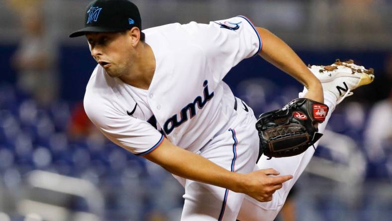 Jun 24, 2021; Miami, Florida, USA; Miami Marlins starting pitcher Cody Poteet (72) delivers a pitch during the first inning against the Miami Marlins at loanDepot Park. Mandatory Credit: Sam Navarro-USA TODAY Sports