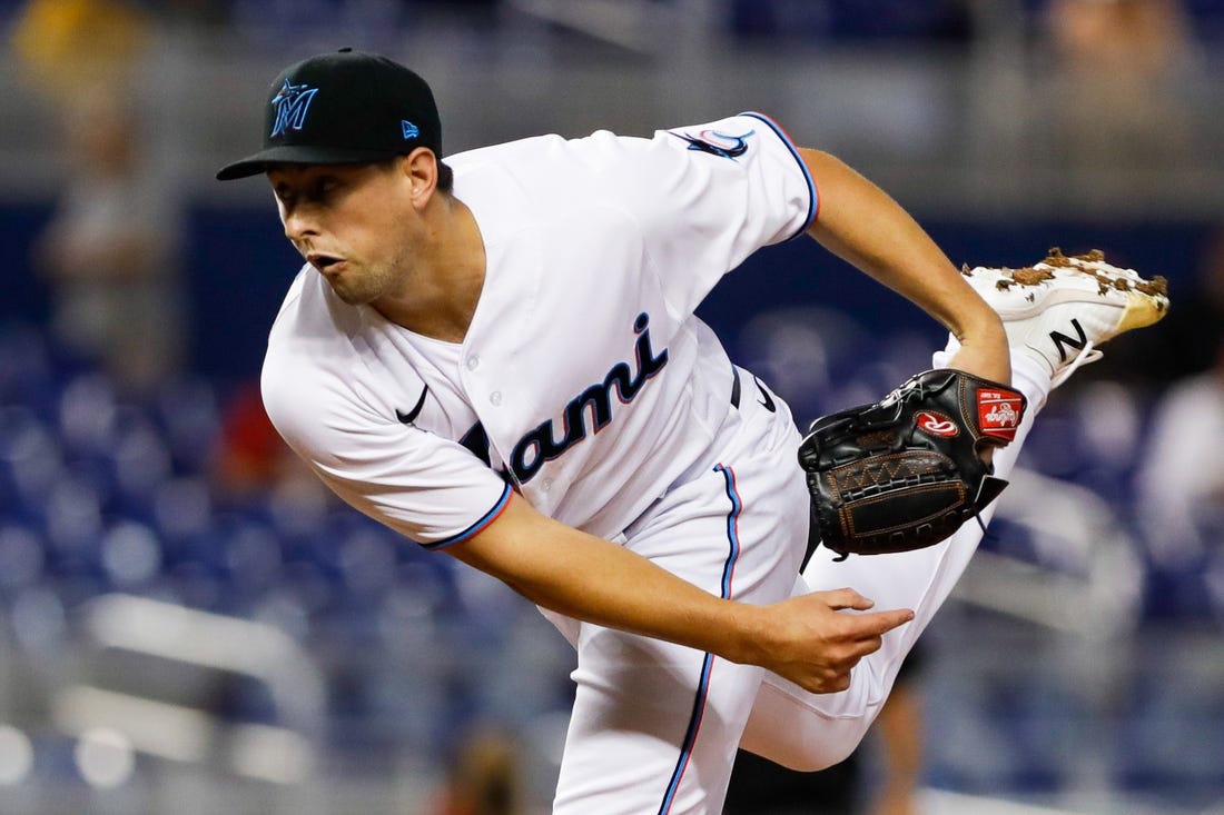 Jun 24, 2021; Miami, Florida, USA; Miami Marlins starting pitcher Cody Poteet (72) delivers a pitch during the first inning against the Miami Marlins at loanDepot Park. Mandatory Credit: Sam Navarro-USA TODAY Sports